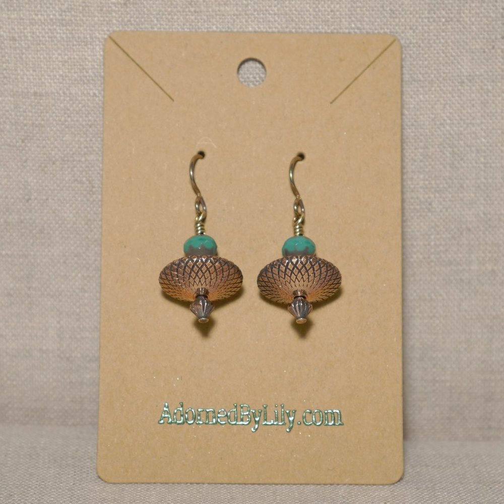 Hand Crafted Handmade Earrings Teal & Copper UFO Saucer Bead Earrings - Picture 2 of 4